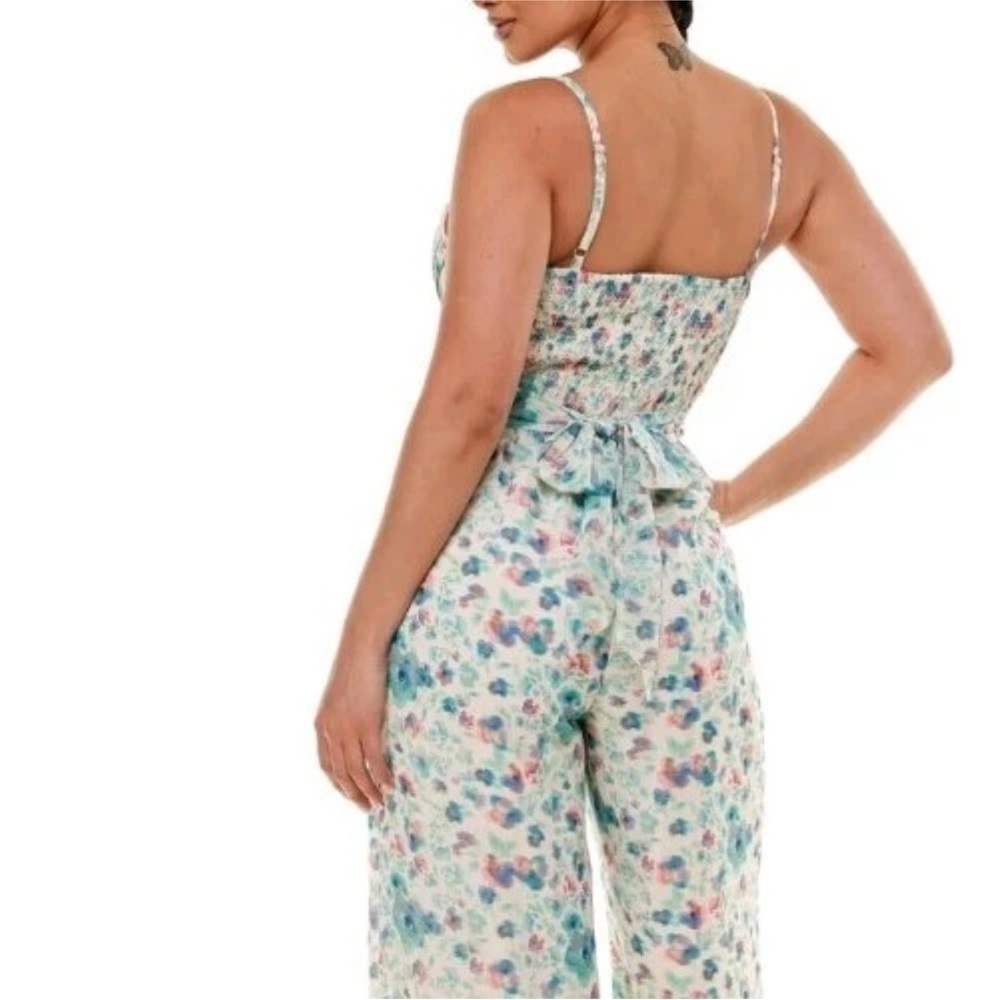 Bebe Jumpsuit Tie Wrap Waist Wide Leg Floral Glitchy Cottagecore Femine Size M - Picture 3 of 16